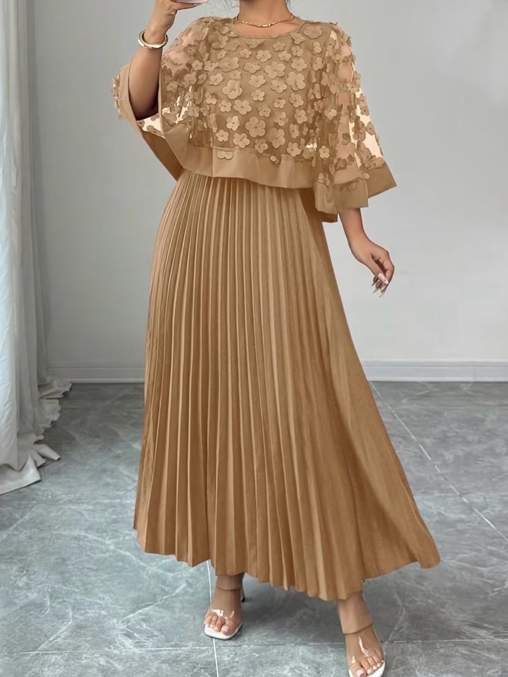 Pleated Maxi Dress with Floral Overlay - Tan